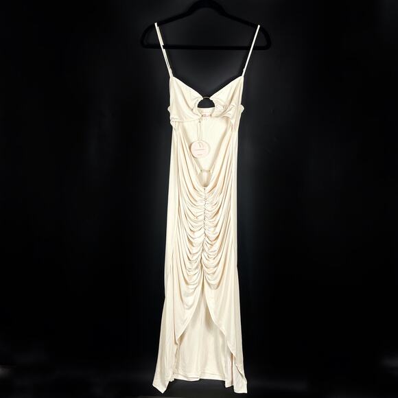 Camila Coelho Yasmeen Midi Dress Cream Jersey Metallic Rings Ruched Sz L - Picture 4 of 10
